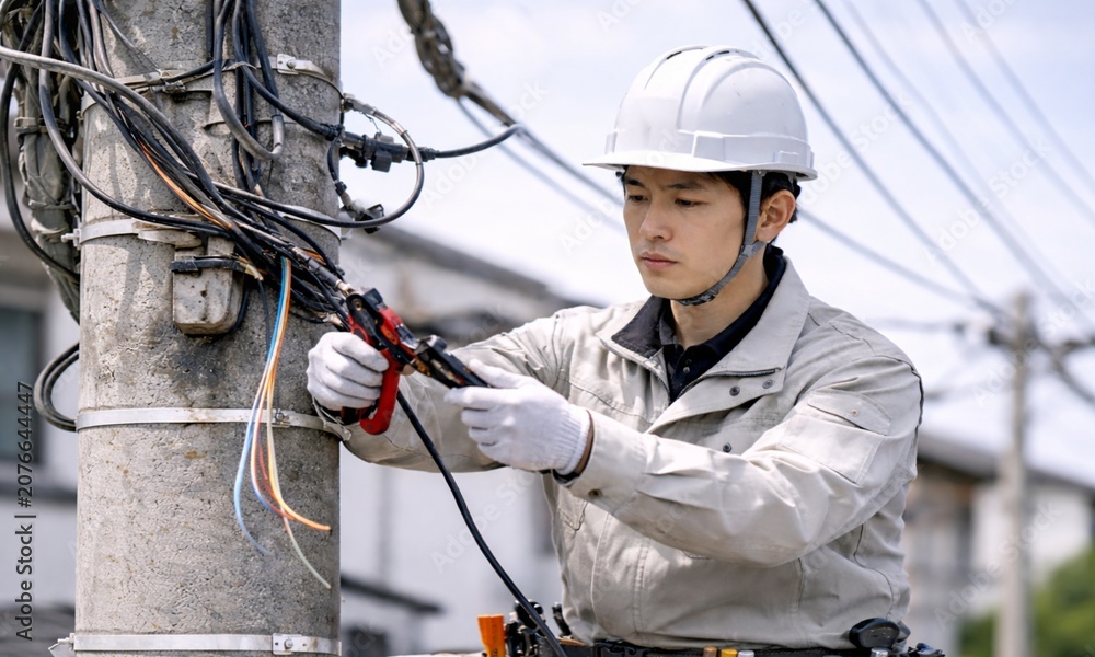 電柱で配線作業をする電気工事士